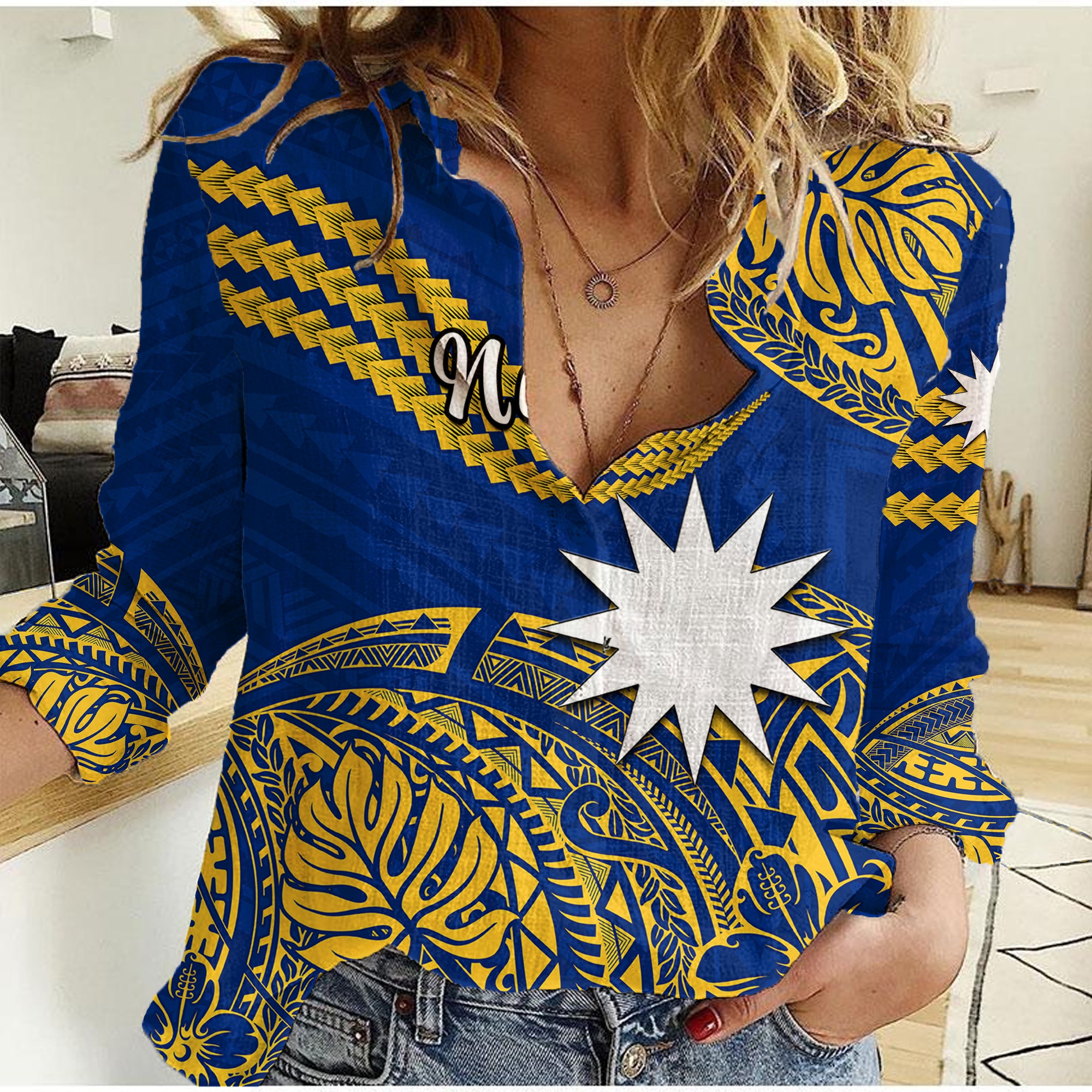 (Custom Personalised) Nauru Polynesian Hibiscus Naoero Flag Color Women Casual Shirt LT14 Female Blue - Polynesian Pride