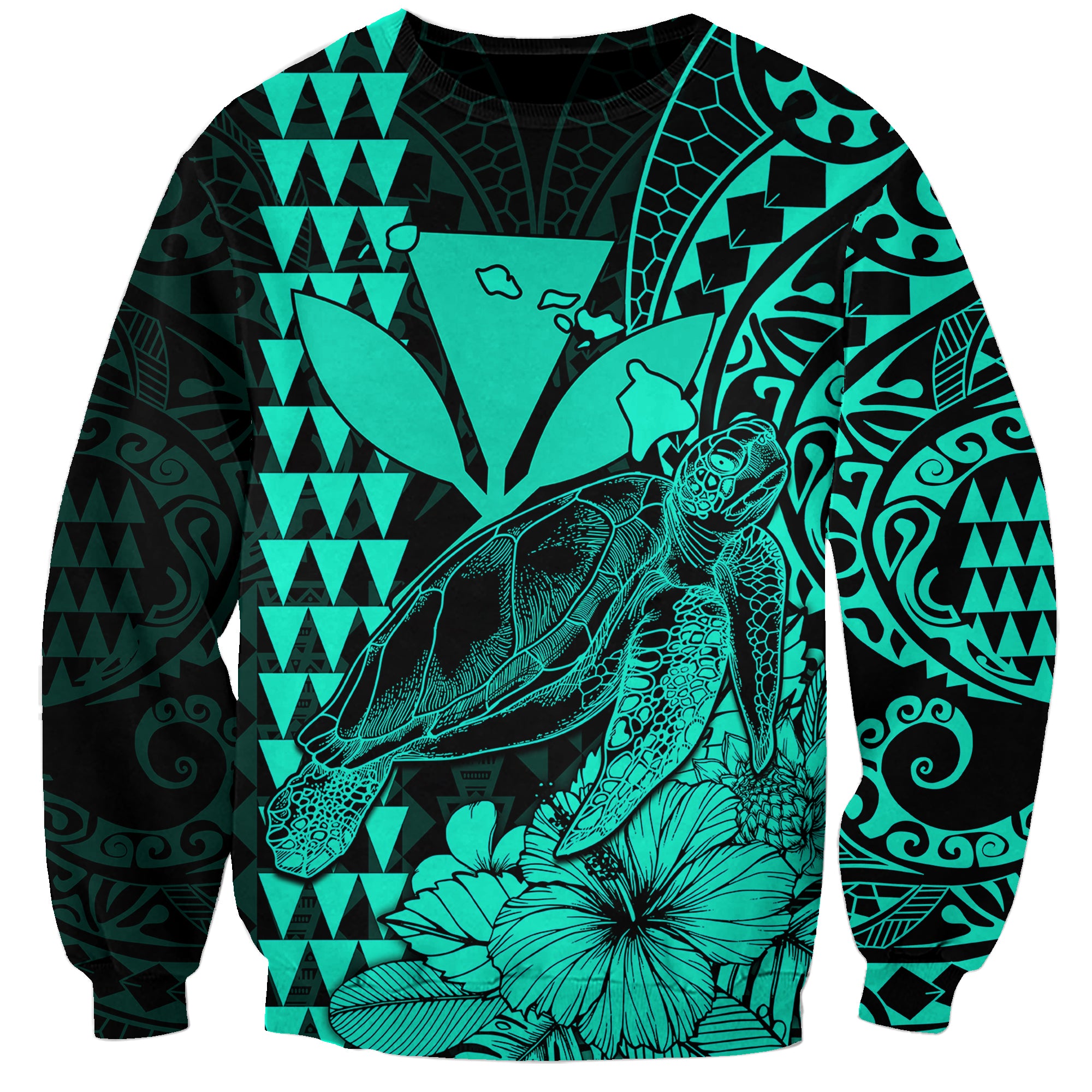 (Custom Personalised) Kakau Polynesian Tribal Hawaiian Turtle with Kanaka Maoli Turquoise Sweatshirt LT9 Unisex Turquoise - Polynesian Pride