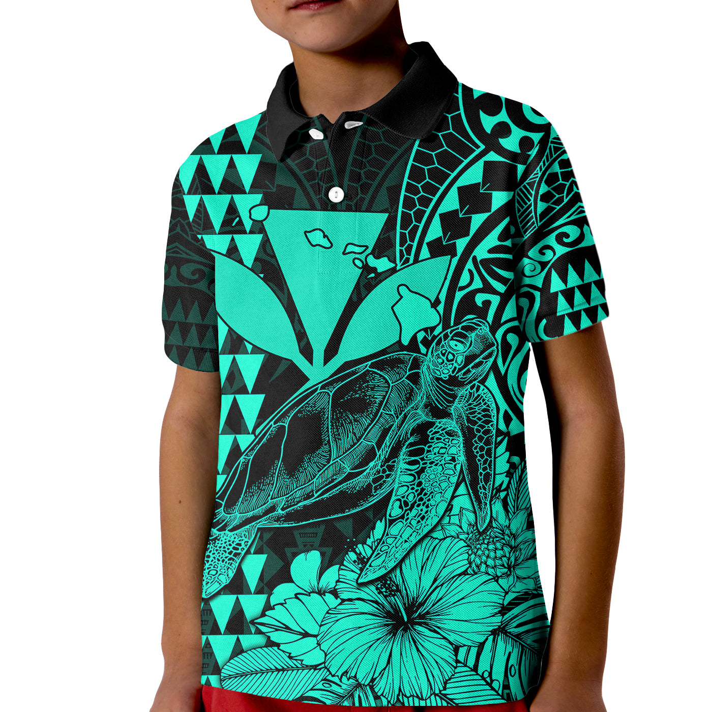 (Custom Personalised) Kakau Polynesian Tribal Hawaiian Turtle with Kanaka Maoli Turquoise Kid Polo Shirt LT9 Kid Turquoise - Polynesian Pride