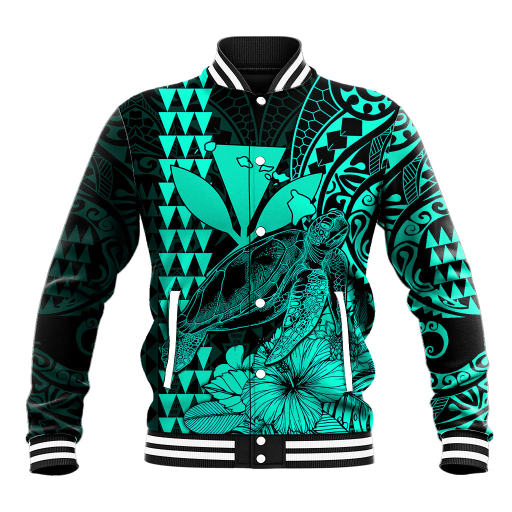 (Custom Personalised) Kakau Polynesian Tribal Hawaiian Turtle with Kanaka Maoli Turquoise Baseball Jacket LT9 Unisex Turquoise - Polynesian Pride