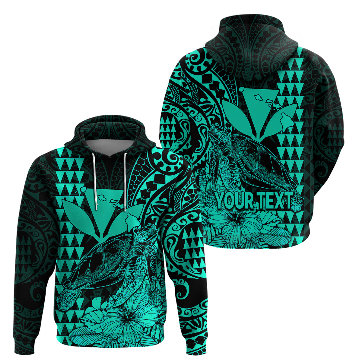 Custom Kakau Polynesian Tribal Hawaiian Turtle with Kanaka Maoli Turquoise Hoodie LT9 Pullover Hoodie Turquoise - Polynesian Pride