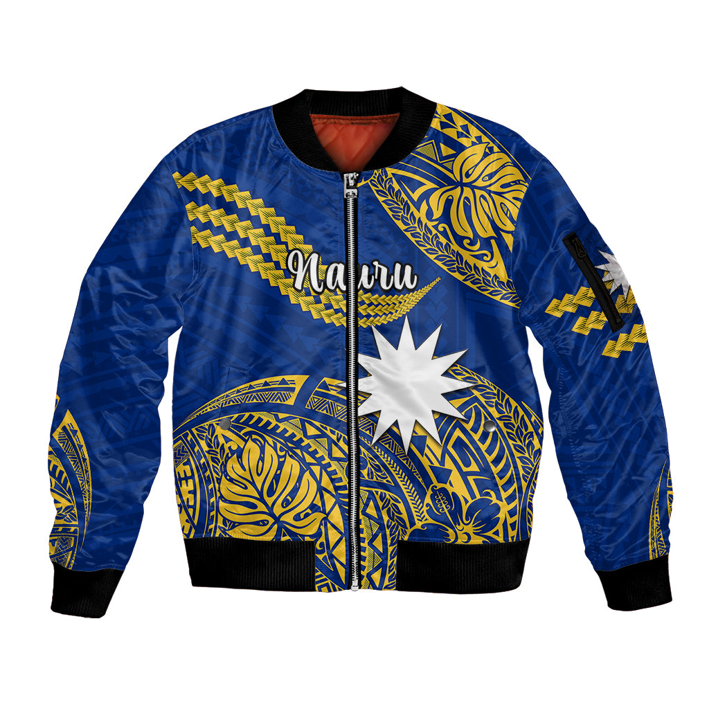 (Custom Personalised) Nauru Polynesian Hibiscus Naoero Flag Color Sleeve Zip Bomber Jacket LT14 Unisex Blue - Polynesian Pride