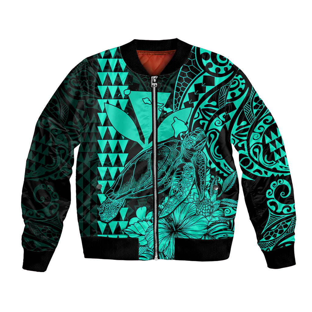 (Custom Personalised) Kakau Polynesian Tribal Hawaiian Turtle with Kanaka Maoli Turquoise Bomber Jacket LT9 Unisex Turquoise - Polynesian Pride