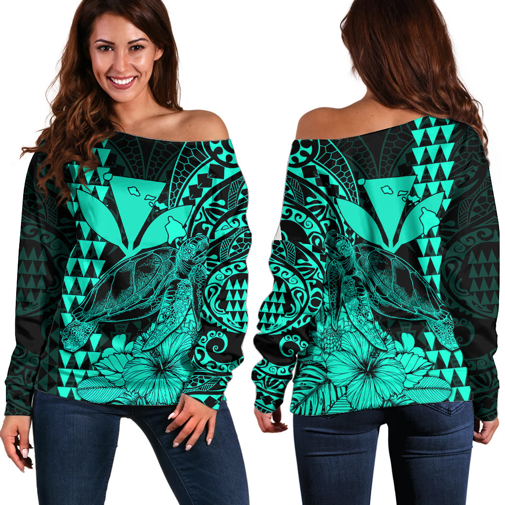 Kakau Polynesian Tribal Hawaiian Turtle with Kanaka Maoli Turquoise Off Shoulder Sweater LT9 Women Turquoise - Polynesian Pride