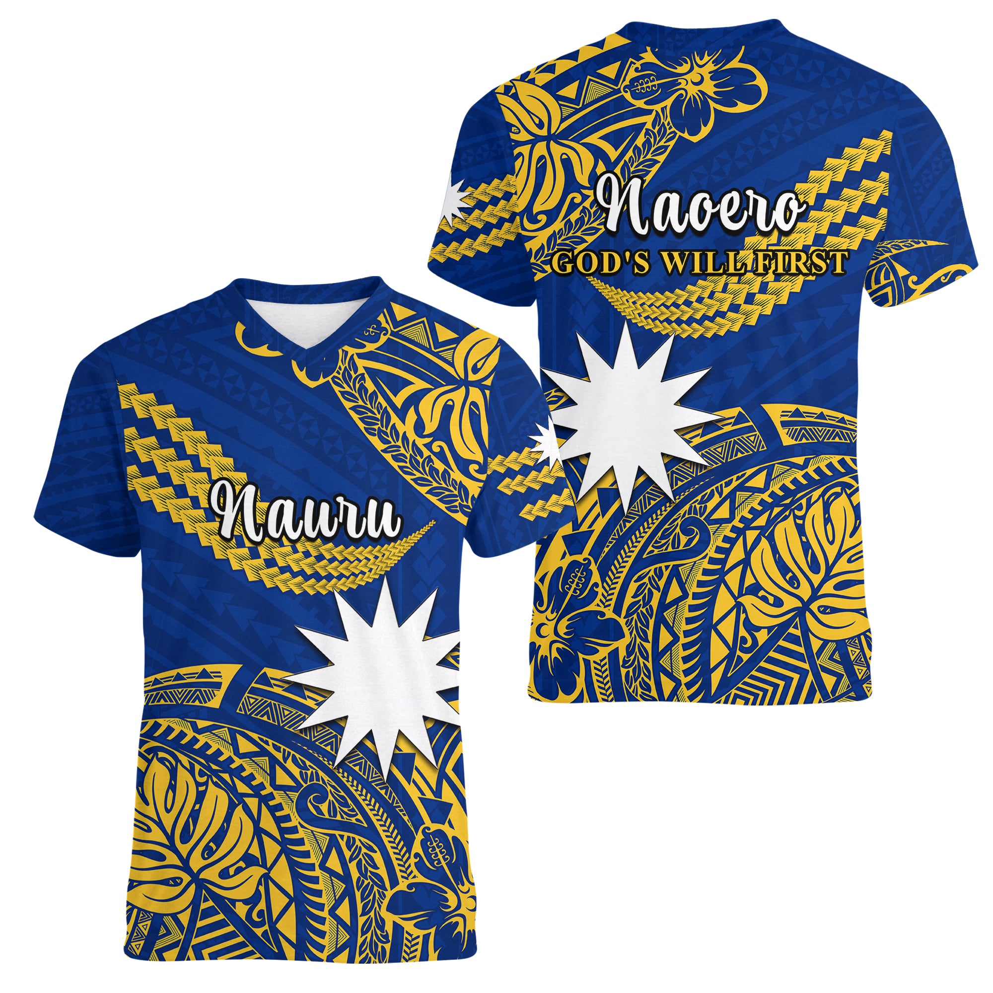 Nauru Polynesian Hibiscus Naoero Flag Color Women V Neck T Shirt LT14 Female Blue - Polynesian Pride