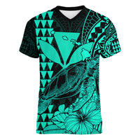 Kakau Polynesian Tribal Hawaiian Turtle with Kanaka Maoli Turquoise Women V Neck T Shirt LT9 - Polynesian Pride