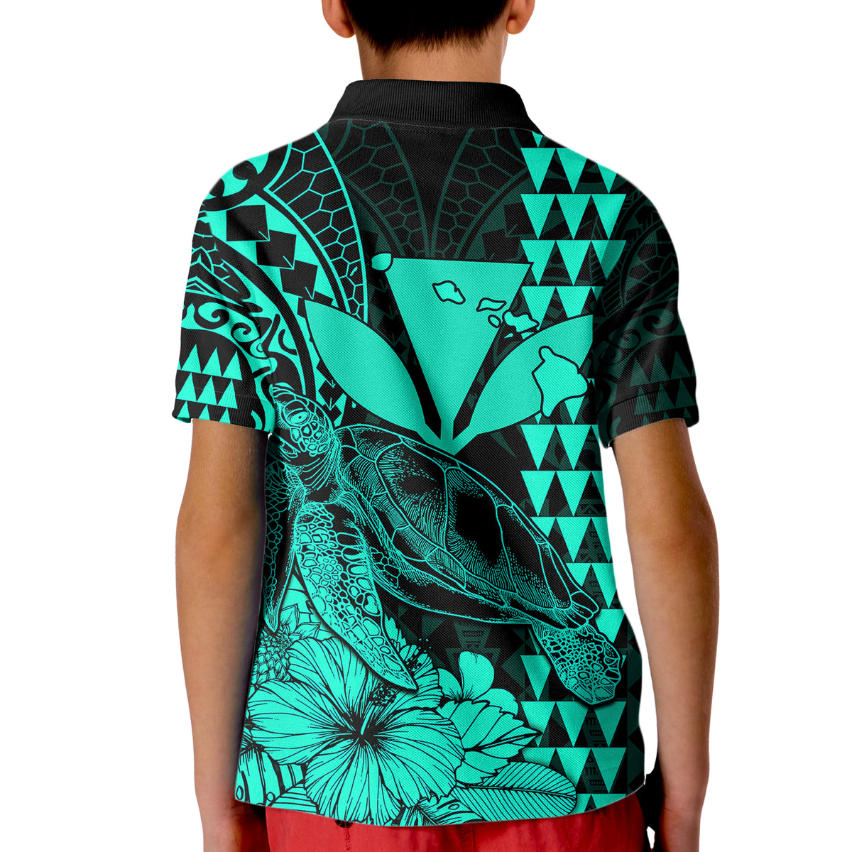 Kakau Polynesian Tribal Hawaiian Turtle with Kanaka Maoli Turquoise Kid Polo Shirt LT9 - Polynesian Pride