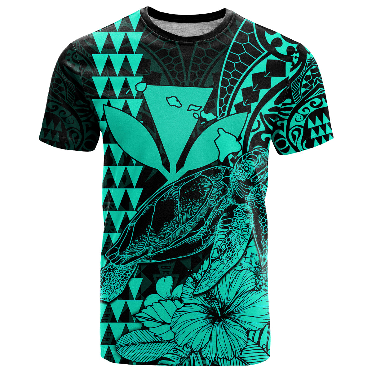 Kakau Polynesian Tribal Hawaiian Turtle with Kanaka Maoli Turquoise T Shirt LT9 Turquoise - Polynesian Pride