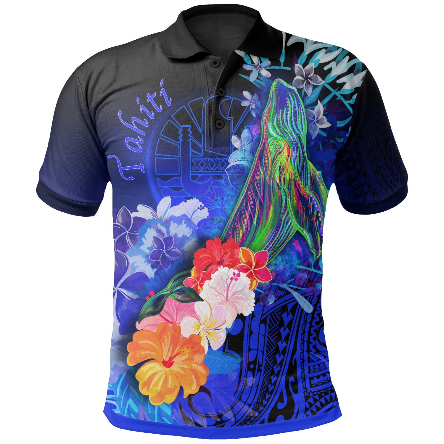 Tahiti Polo Shirt Humpback Whale with Tropical Flowers (Blue) Unisex Blue - Polynesian Pride