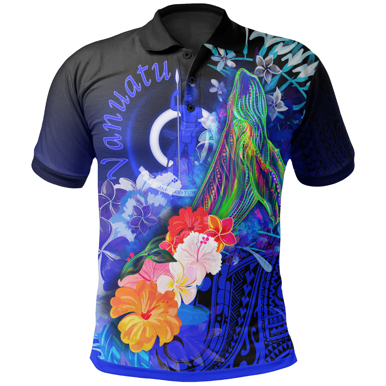 Vanuatu Polo Shirt Humpback Whale with Tropical Flowers (Blue) Unisex Blue - Polynesian Pride