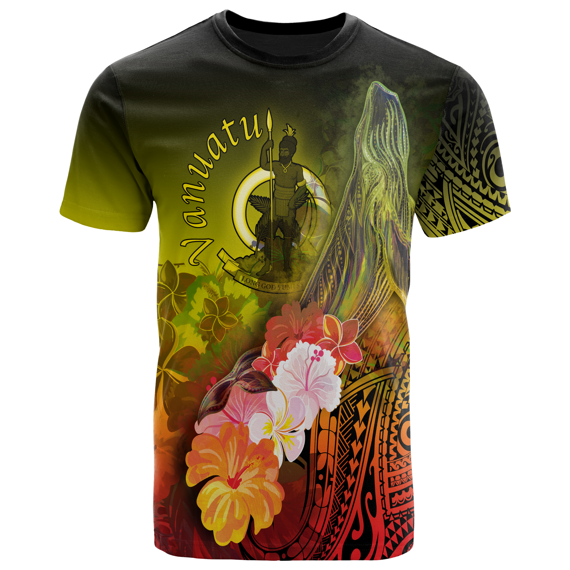 Vanuatu T Shirt Humpback Whale with Tropical Flowers (Yellow) Unisex Yellow - Polynesian Pride