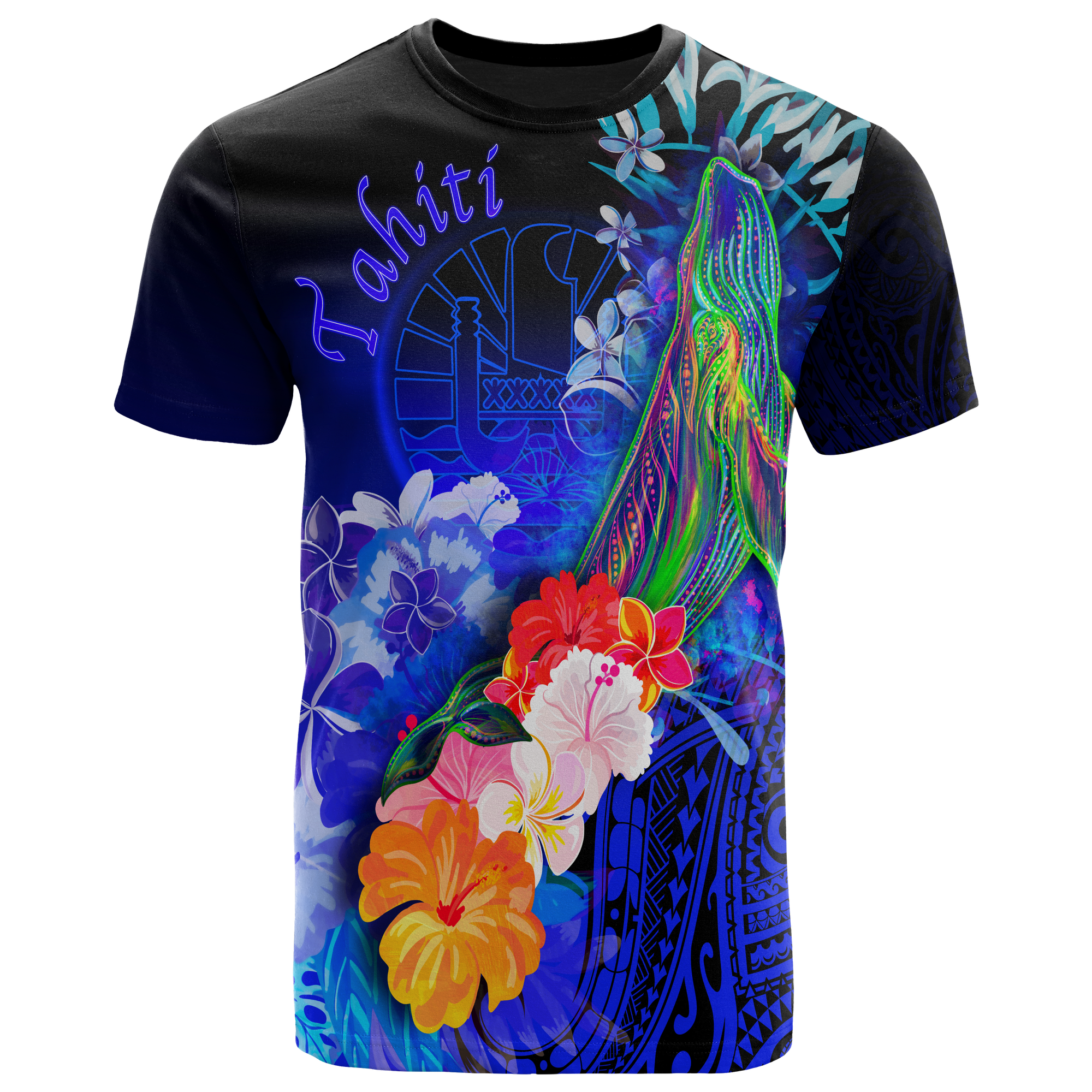 Tahiti T Shirt Humpback Whale with Tropical Flowers (Blue) Unisex Blue - Polynesian Pride