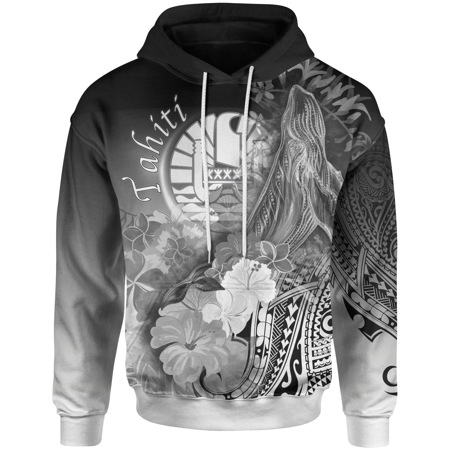 Tahiti Hoodie Humpback Whale with Tropical Flowers (White) Unisex White - Polynesian Pride