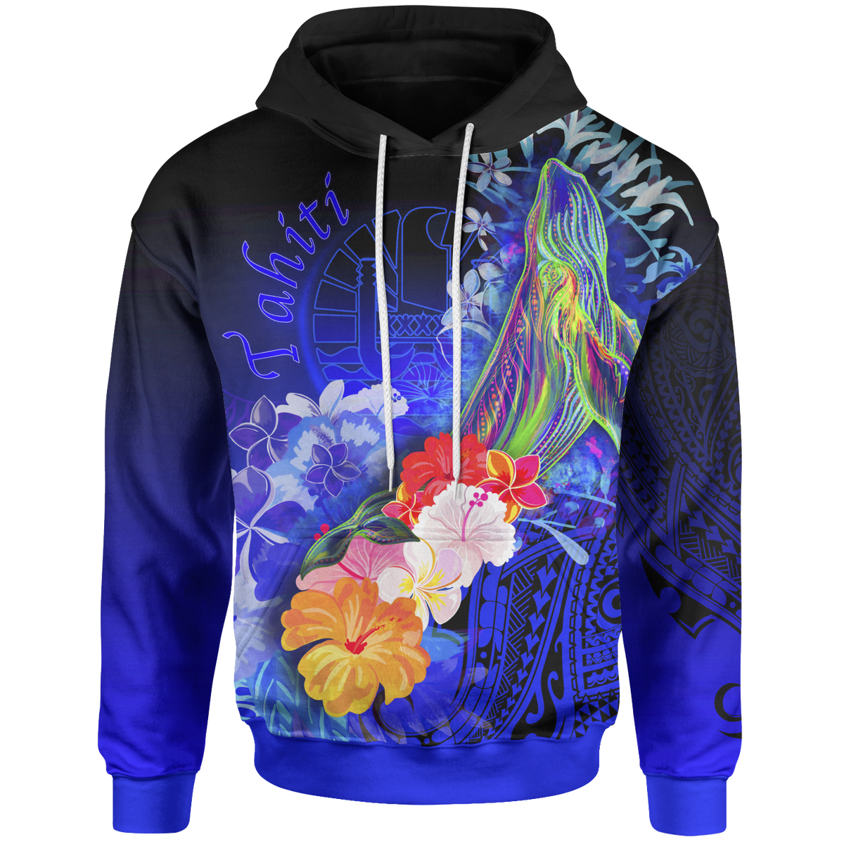Tahiti Hoodie Humpback Whale with Tropical Flowers (Blue) Unisex Blue - Polynesian Pride
