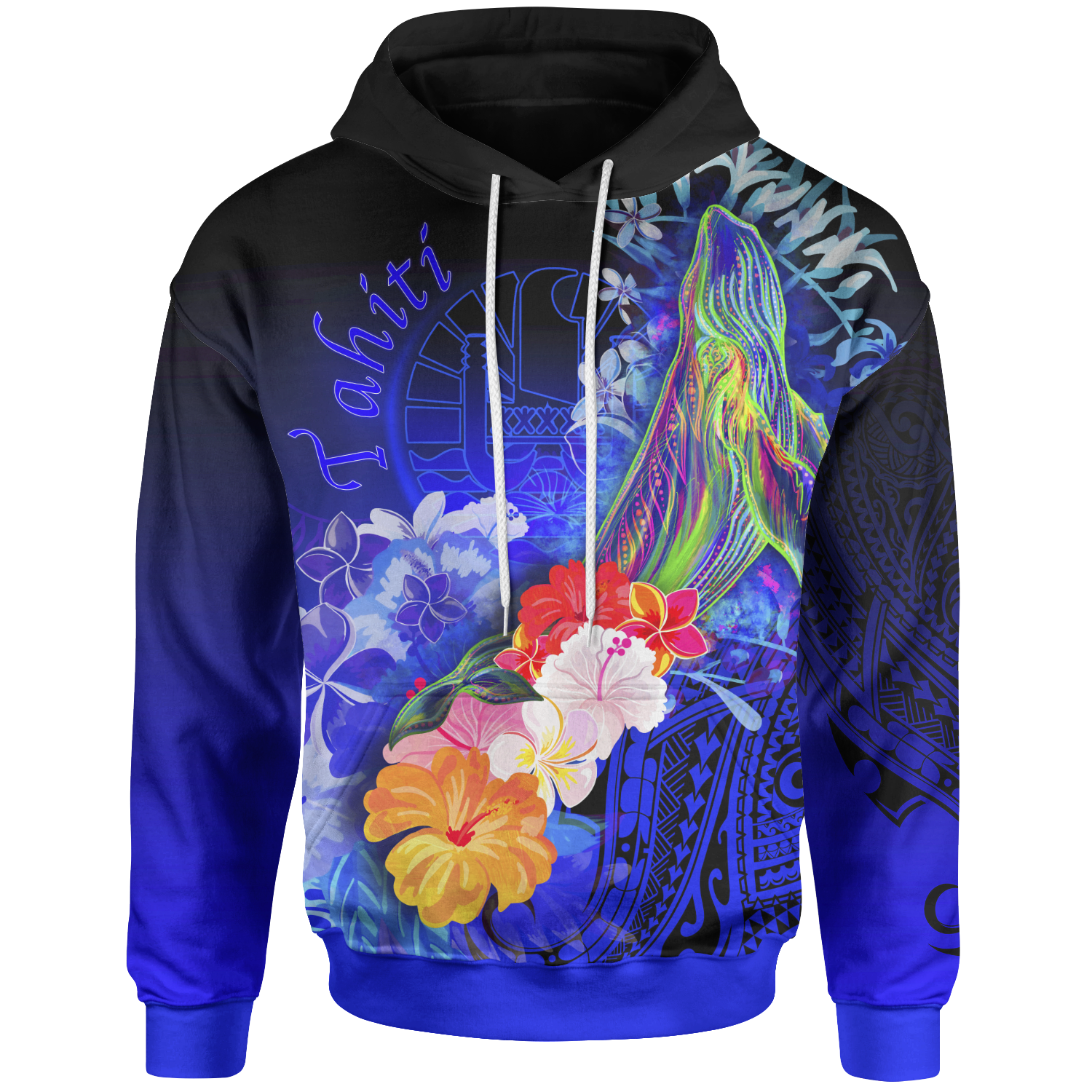 Tahiti Hoodie Humpback Whale with Tropical Flowers (Blue) Unisex Blue - Polynesian Pride