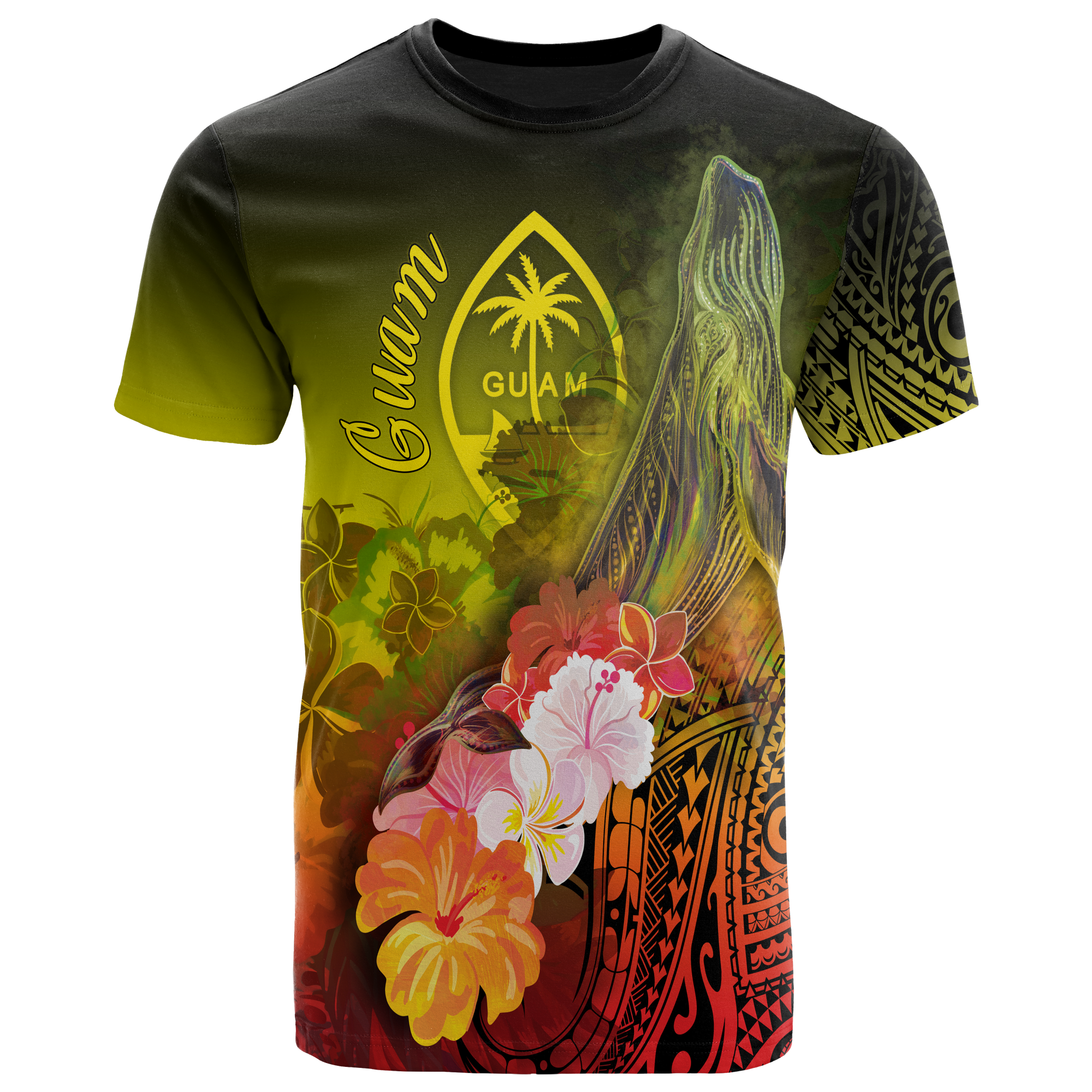 Guam T Shirt Humpback Whale with Tropical Flowers (Yellow) Unisex Yellow - Polynesian Pride