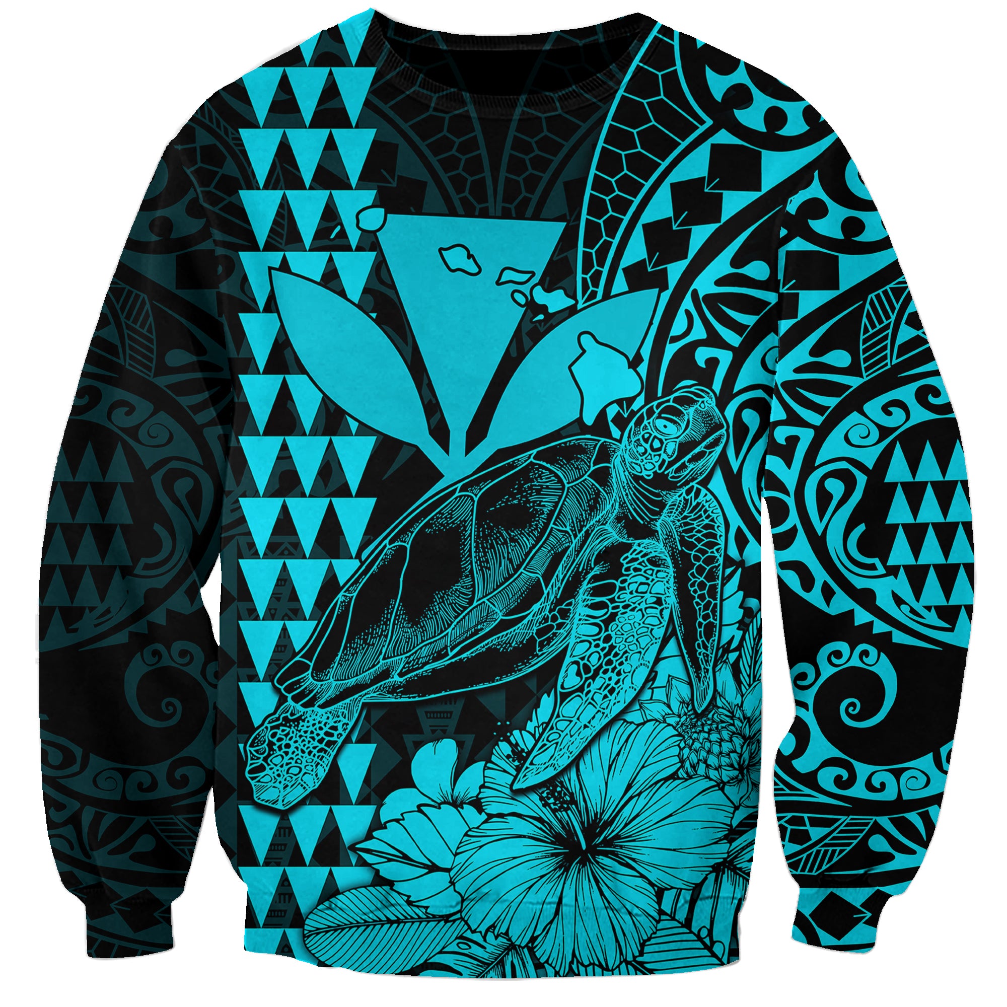 (Custom Personalised) Kakau Polynesian Tribal Hawaiian Turtle with Kanaka Maoli Teal Sweatshirt LT9 Unisex Teal - Polynesian Pride