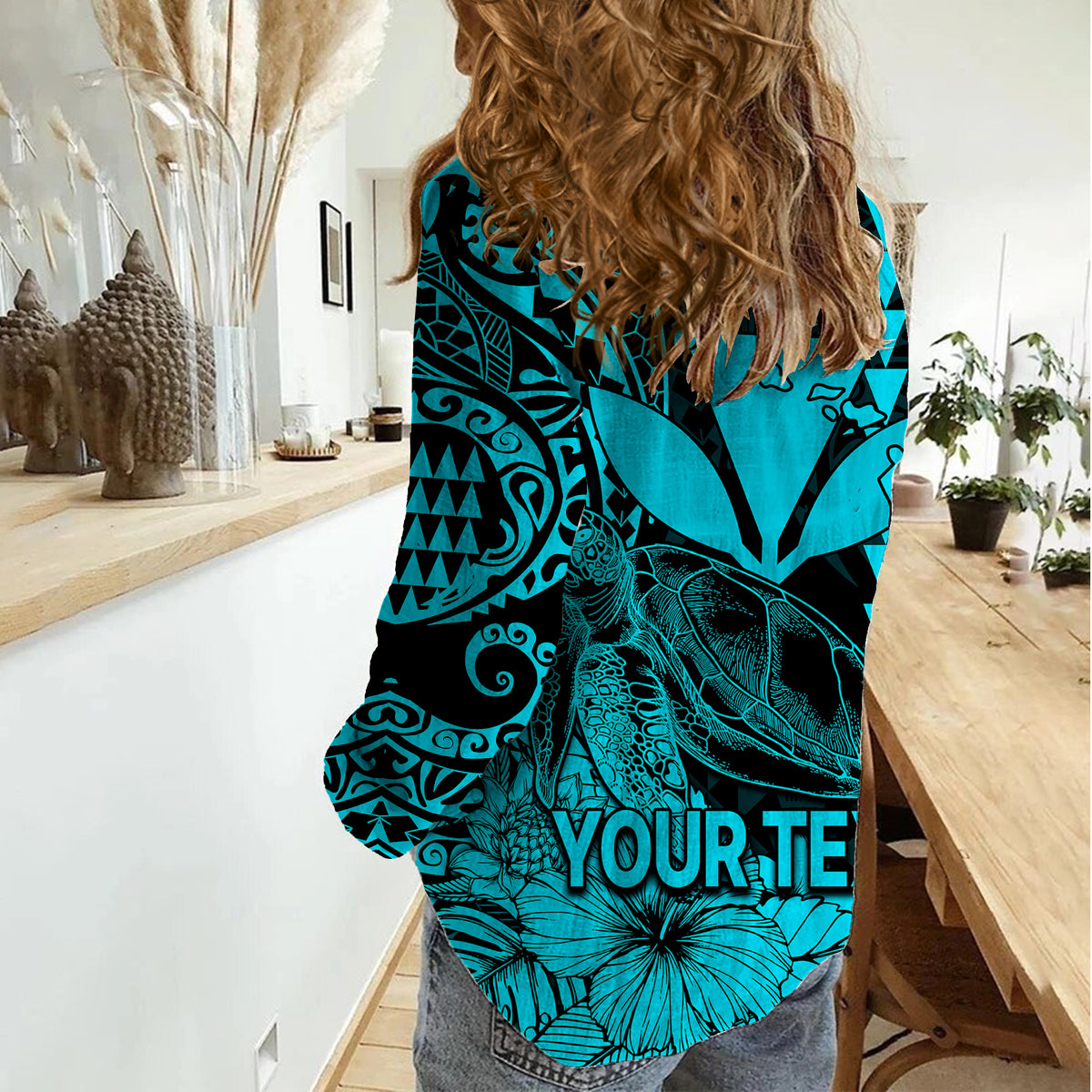 (Custom Personalised) Kakau Polynesian Tribal Hawaiian Turtle with Kanaka Maoli Teal Women Casual Shirt LT9 - Polynesian Pride