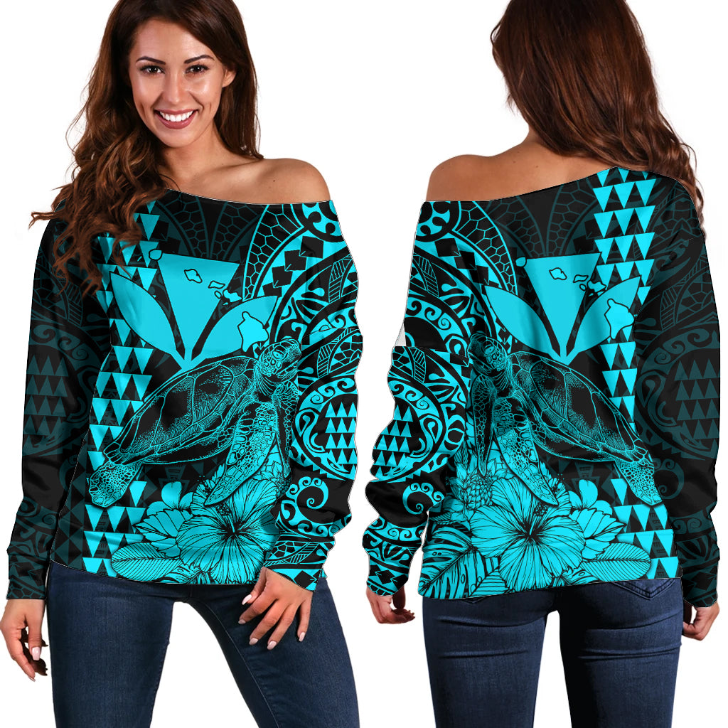 Kakau Polynesian Tribal Hawaiian Turtle with Kanaka Maoli Teal Off Shoulder Sweater LT9 Women Teal - Polynesian Pride