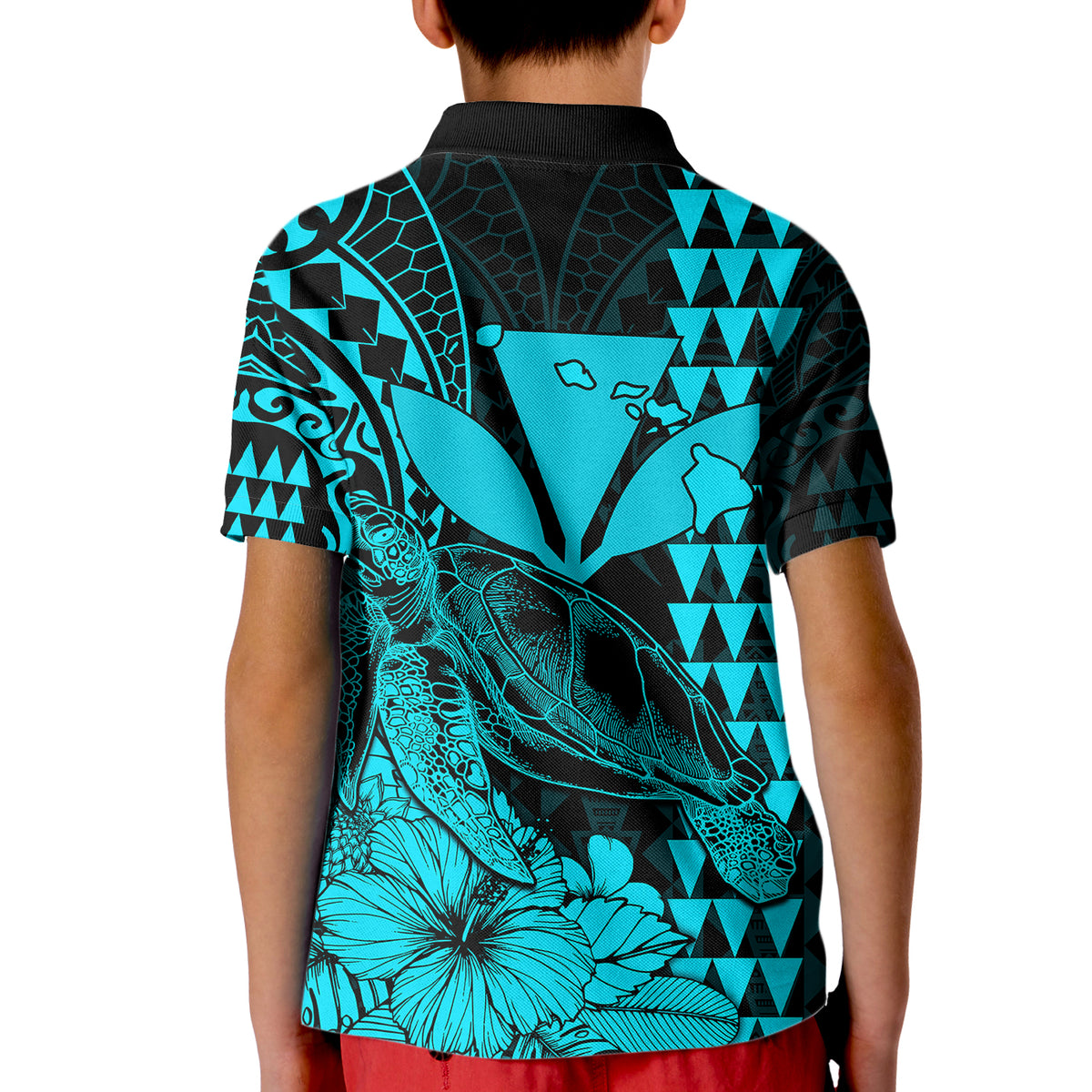 Kakau Polynesian Tribal Hawaiian Turtle with Kanaka Maoli Teal Kid Polo Shirt LT9 - Polynesian Pride