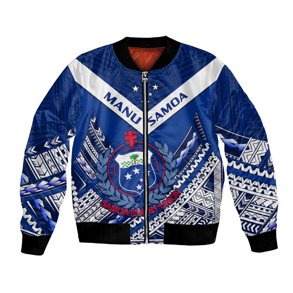 (Custom Text And Number) Samoan Rugby Manu Samoa 7s Polynesian Pattern Bomber Jacket LT14 Unisex Blue - Polynesian Pride