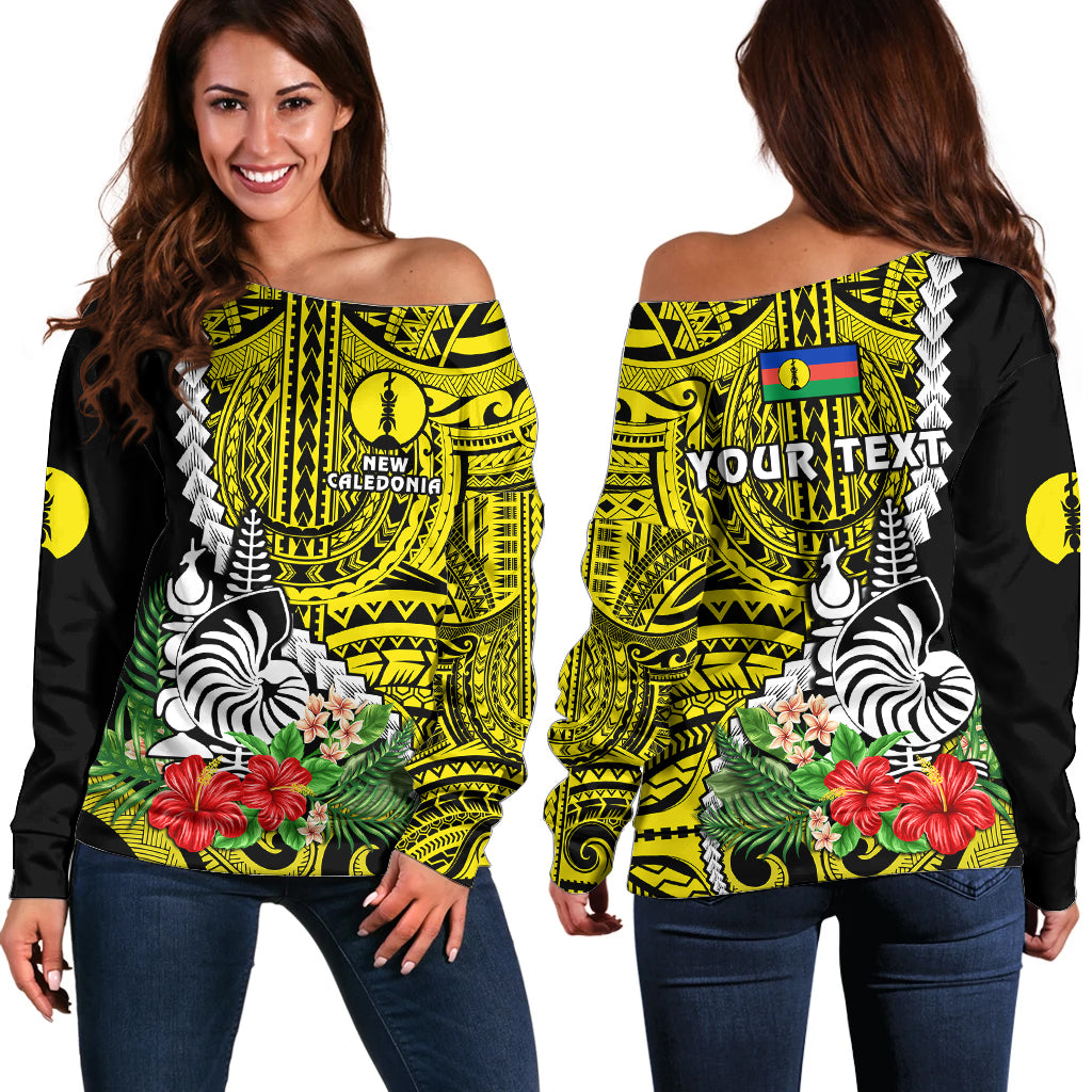 (Custom Personalised) New Caledonia Polynesian Coat Of Arms Mix Tropical Flowers Off Shoulder Sweater LT14 Women Yellow - Polynesian Pride