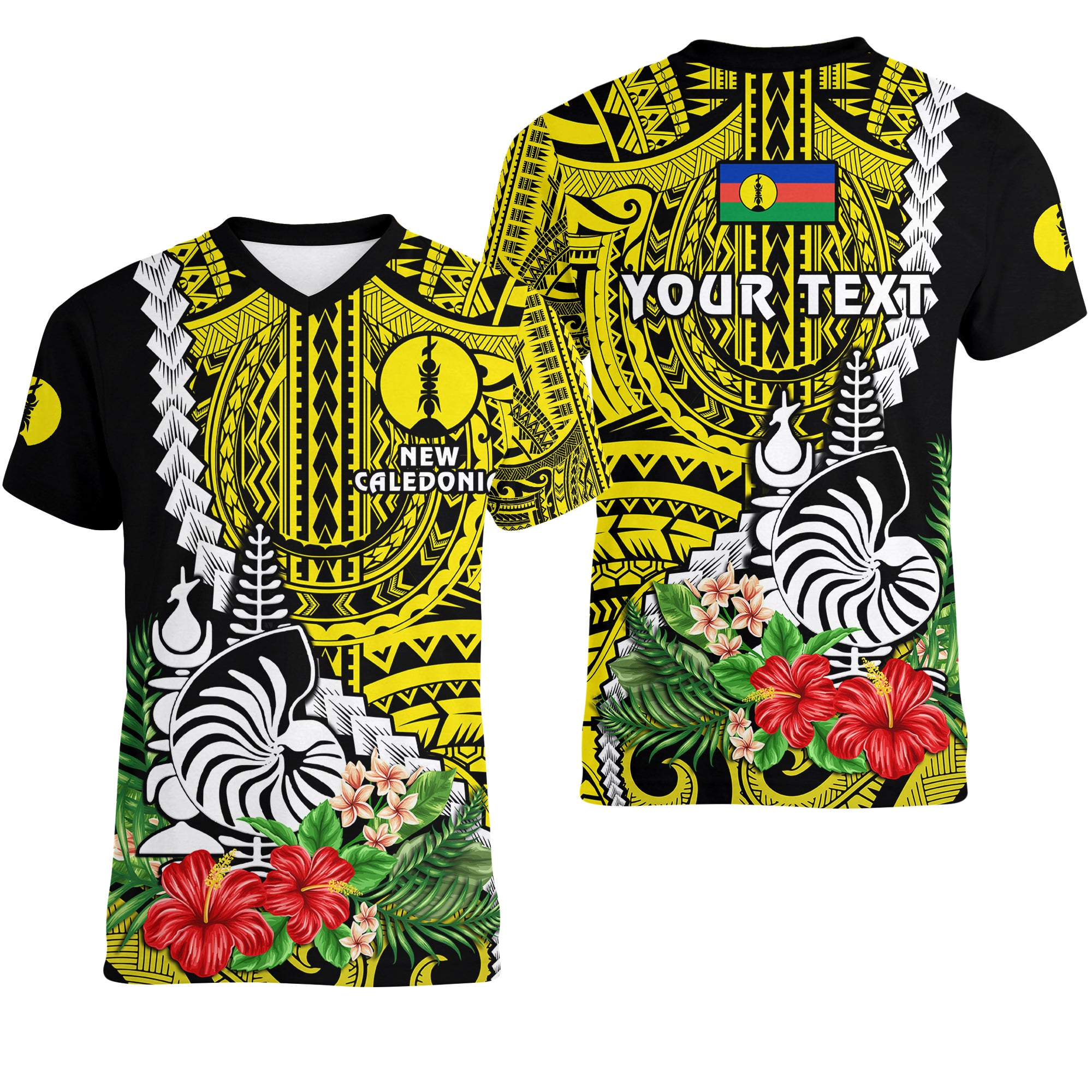 (Custom Personalised) New Caledonia Polynesian Coat Of Arms Mix Tropical Flowers Women V Neck T Shirt LT14 Female Yellow - Polynesian Pride