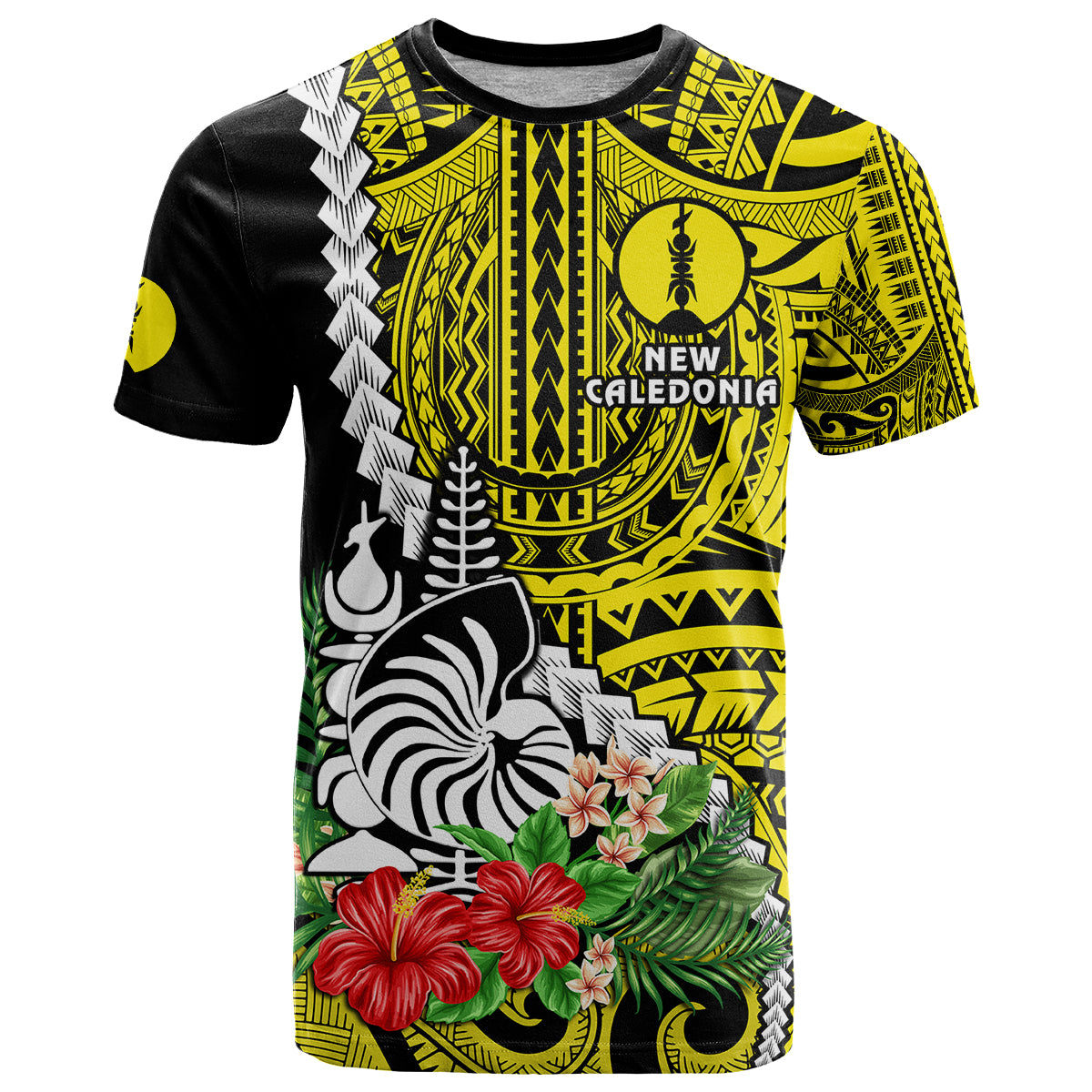 Custom New Caledonia Polynesian Coat of Arms Mix Tropical Flowers T Shirt LT14 Yellow - Polynesian Pride