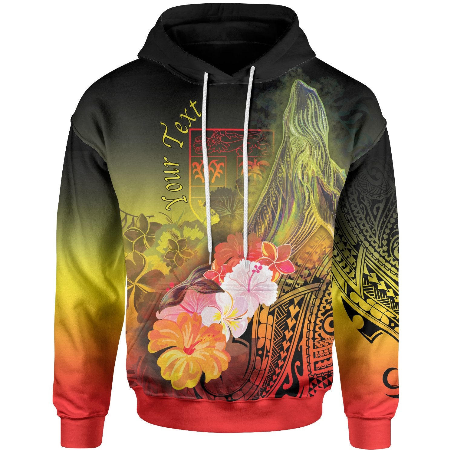 Fiji Custom Hoodie Humpback Whale with Tropical Flowers (Yellow) Unisex Yellow - Polynesian Pride