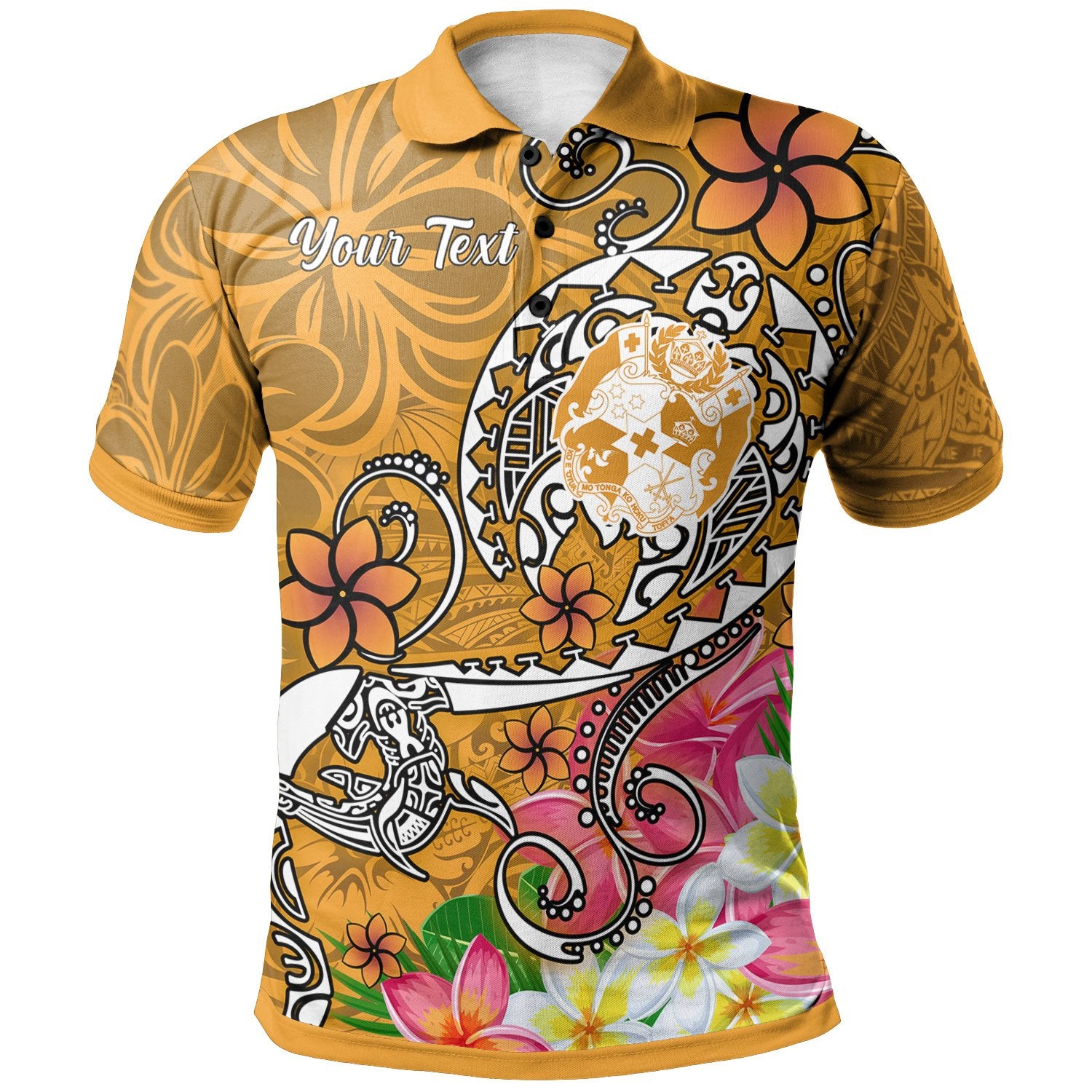 Tonga Custom Polo Shirt Turtle Plumeria (Gold) Unisex Gold - Polynesian Pride