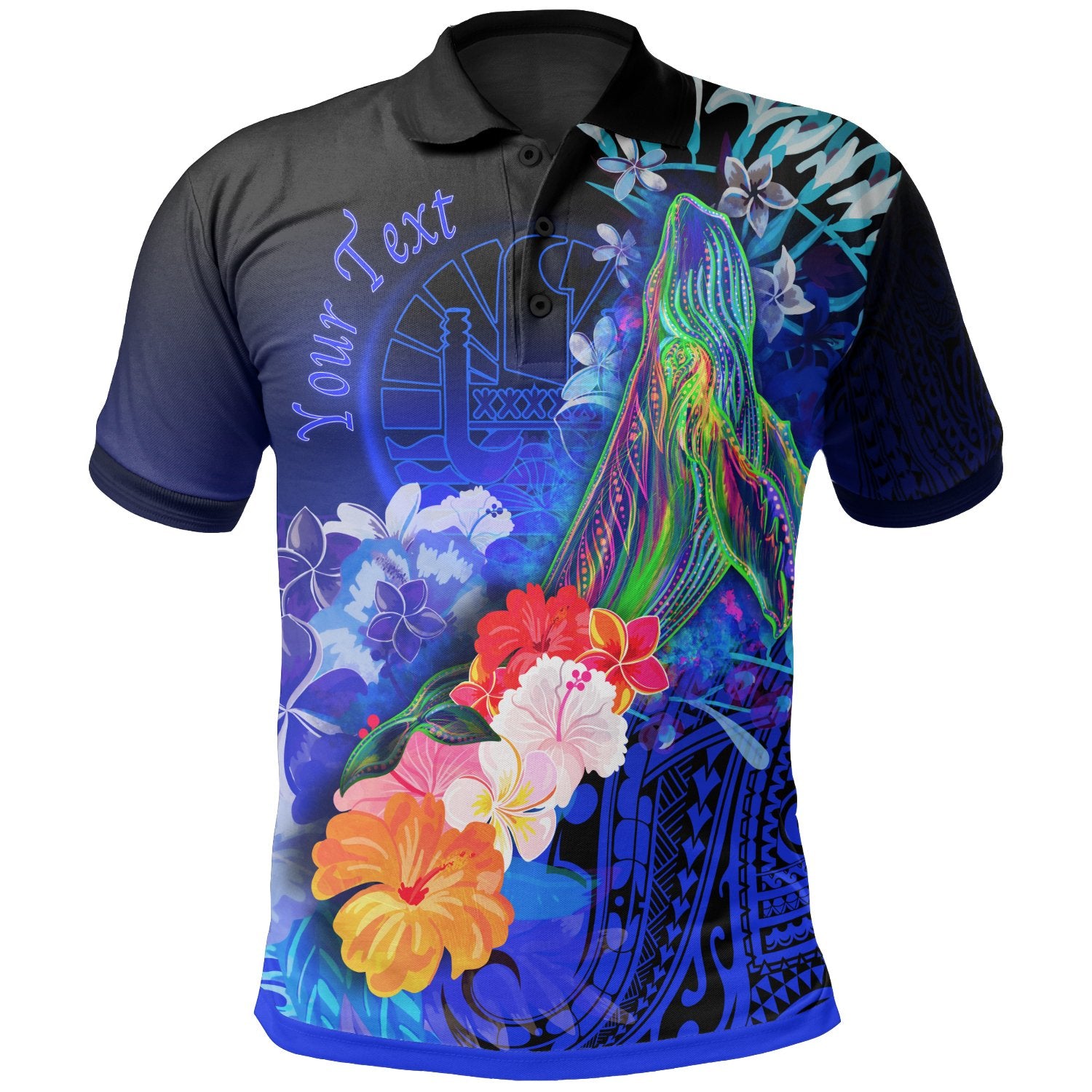 Tahiti Custom Polo Shirt Humpback Whale with Tropical Flowers (Blue) Unisex Blue - Polynesian Pride