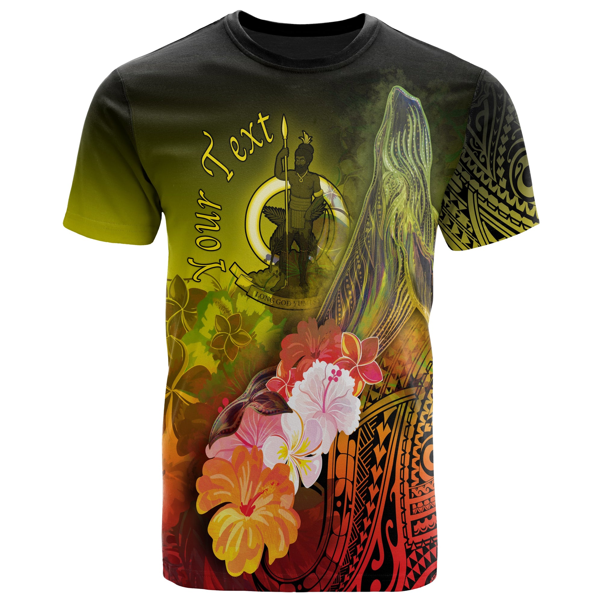 Vanuatu Custom T Shirt Humpback Whale with Tropical Flowers (Yellow) Unisex Yellow - Polynesian Pride