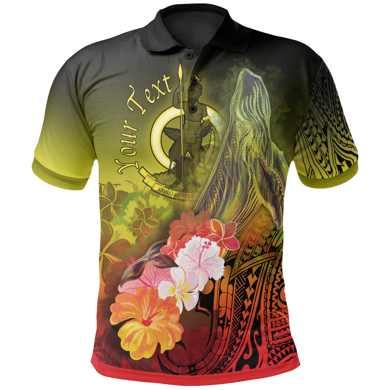 Vanuatu Custom Polo Shirt Humpback Whale with Tropical Flowers (Yellow) Unisex Yellow - Polynesian Pride