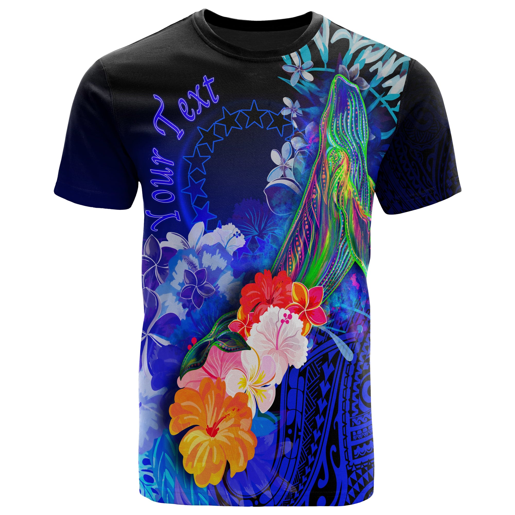 Cook Islands Custom T Shirt Humpback Whale with Tropical Flowers (Blue) Unisex Blue - Polynesian Pride