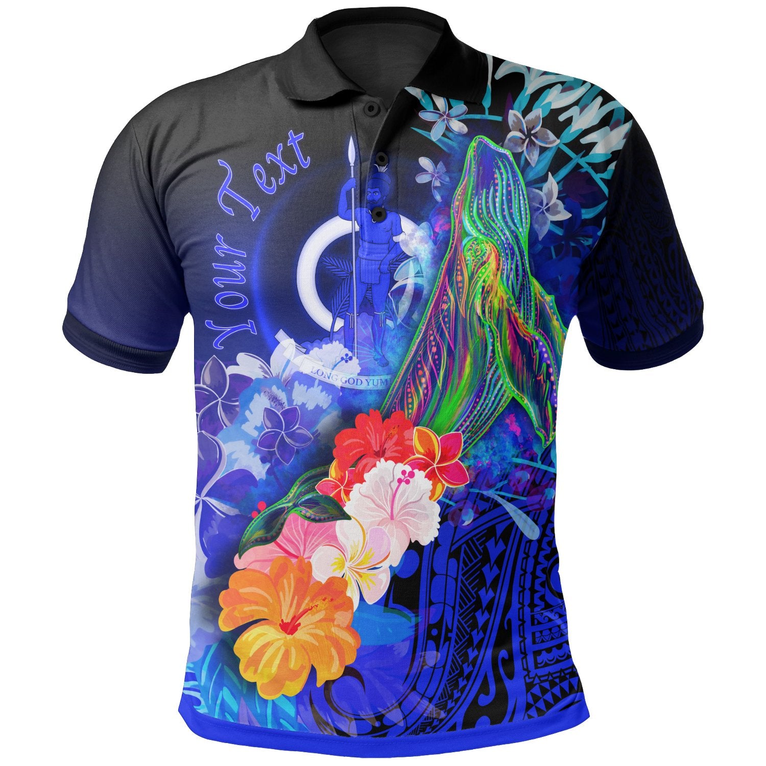 Vanuatu Custom Polo Shirt Humpback Whale with Tropical Flowers (Blue) Unisex Blue - Polynesian Pride