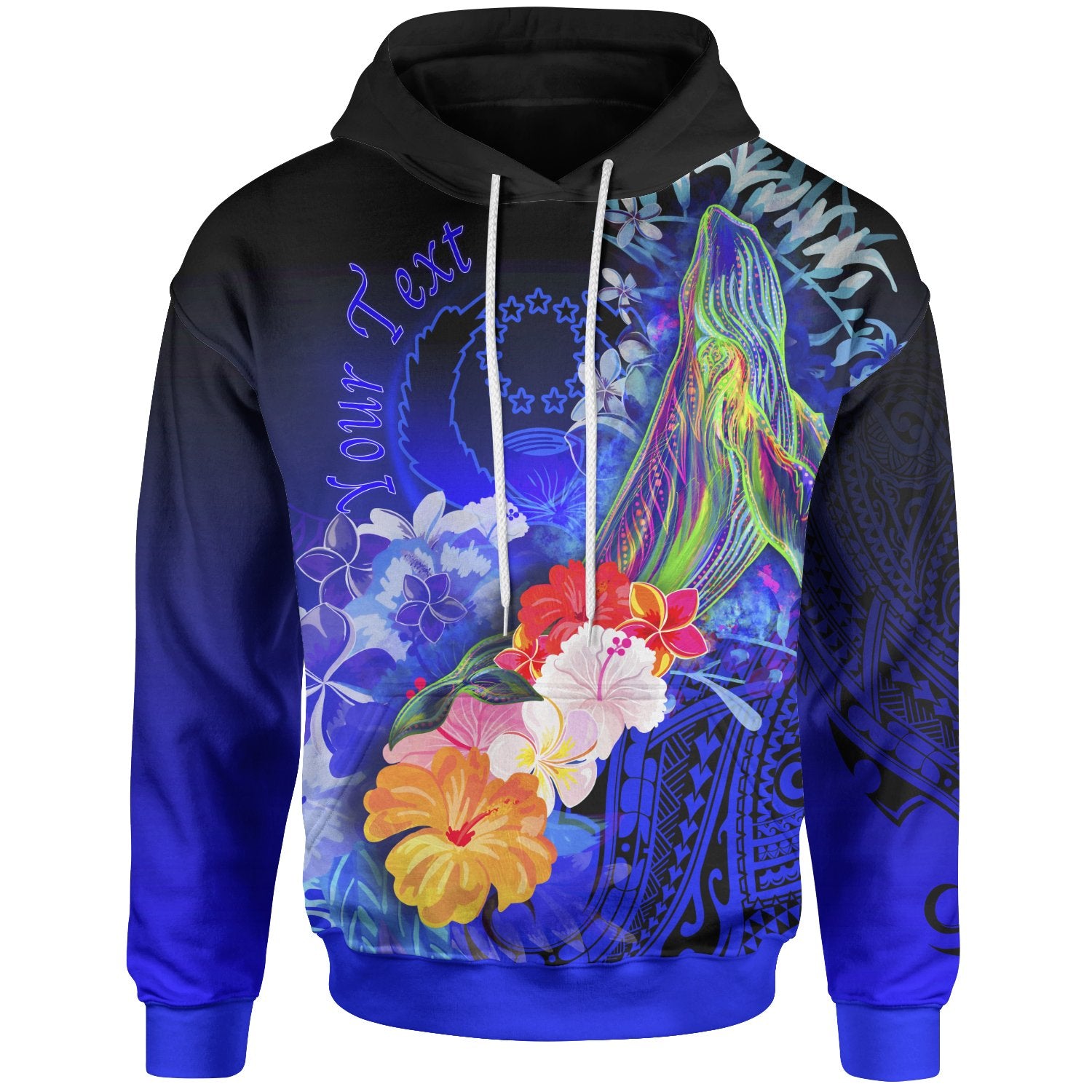 Custom Pohnpei Hoodie Humpback Whale with Tropical Flowers (Blue) Unisex Blue - Polynesian Pride