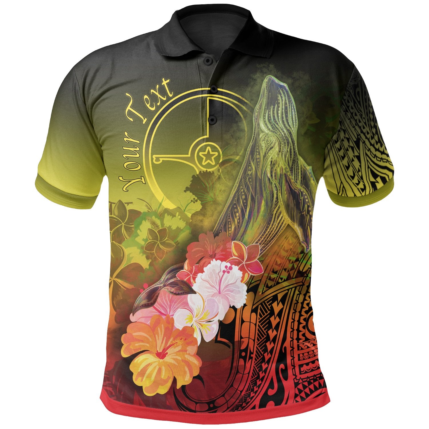 Custom Yap Polo Shirt Humpback Whale with Tropical Flowers (Yellow) Unisex Yellow - Polynesian Pride