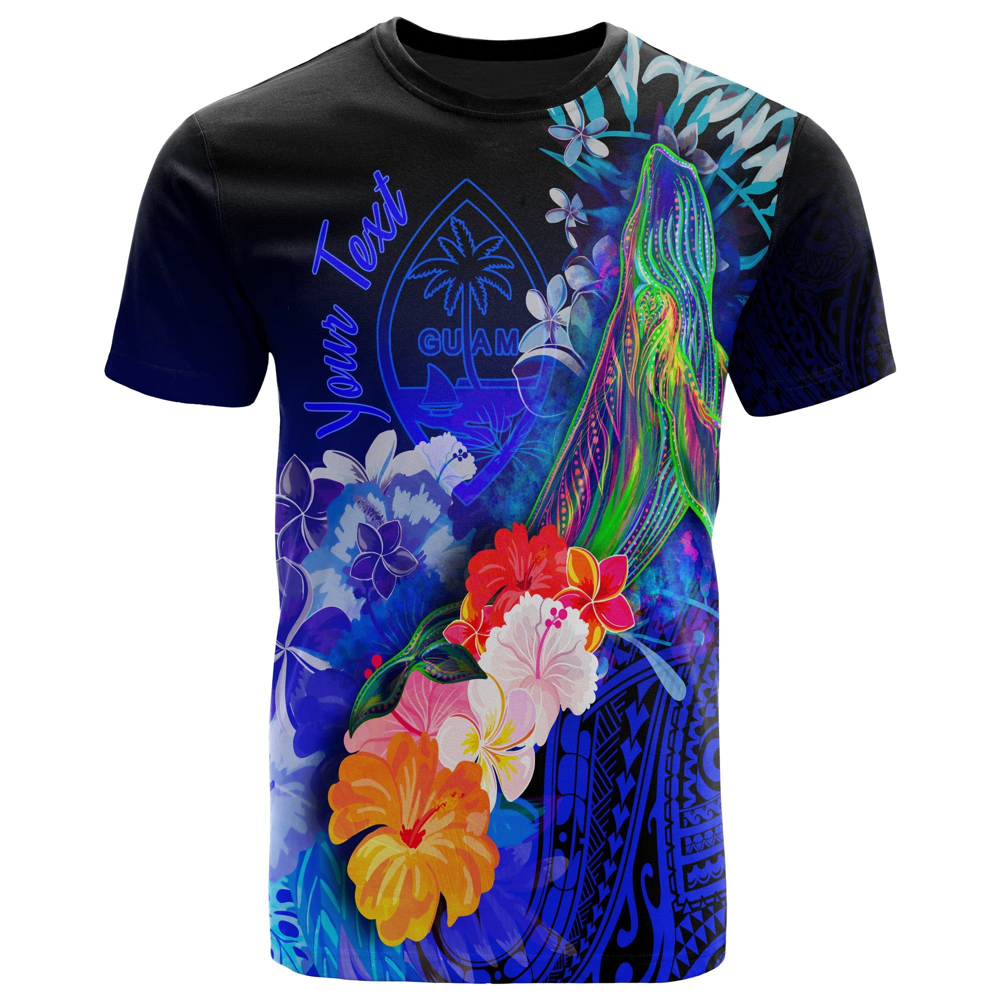 Guam Custom T Shirt Humpback Whale with Tropical Flowers (Blue) Unisex Blue - Polynesian Pride