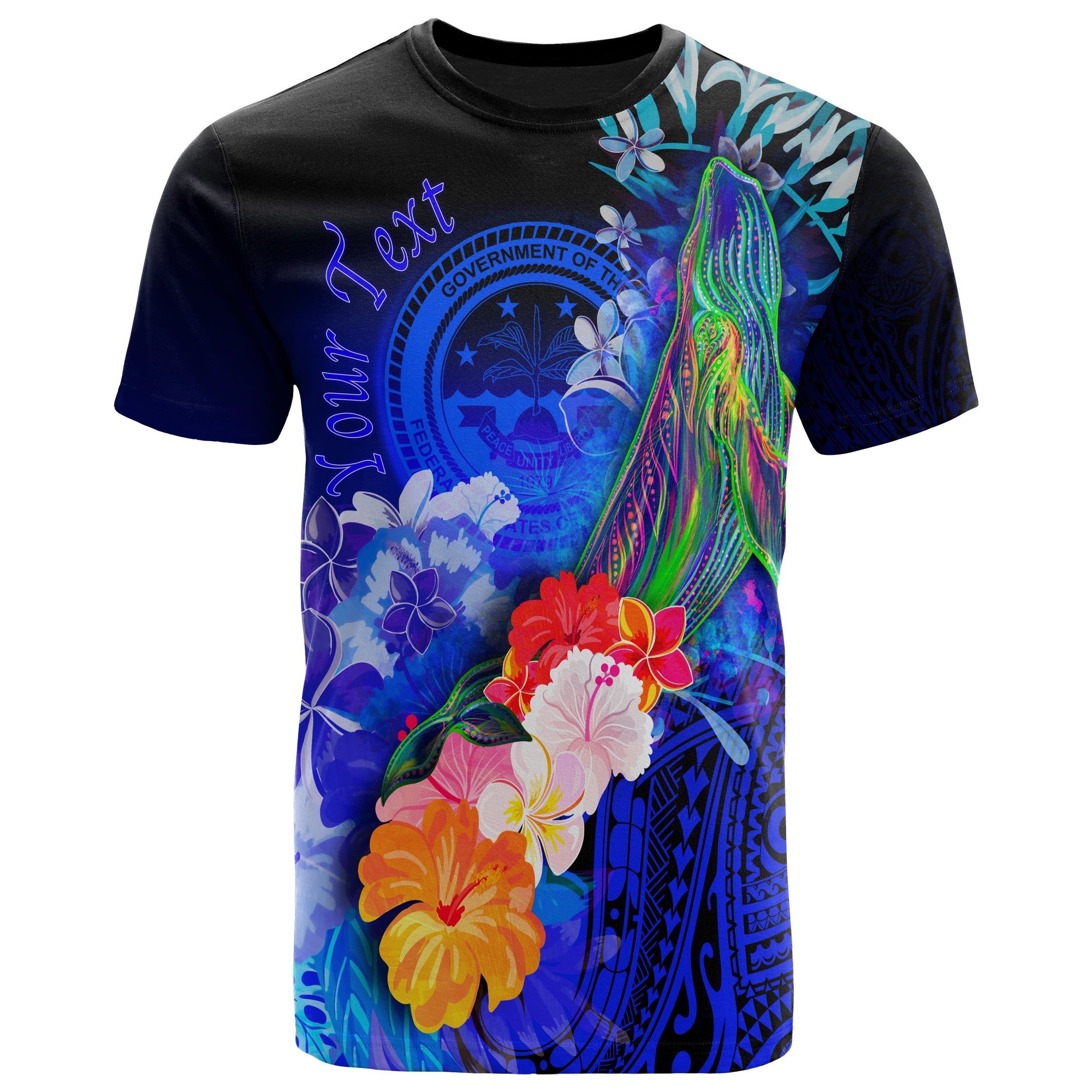 Custom Fsm T Shirt Humpback Whale with Tropical Flowers (Blue) Unisex Blue - Polynesian Pride