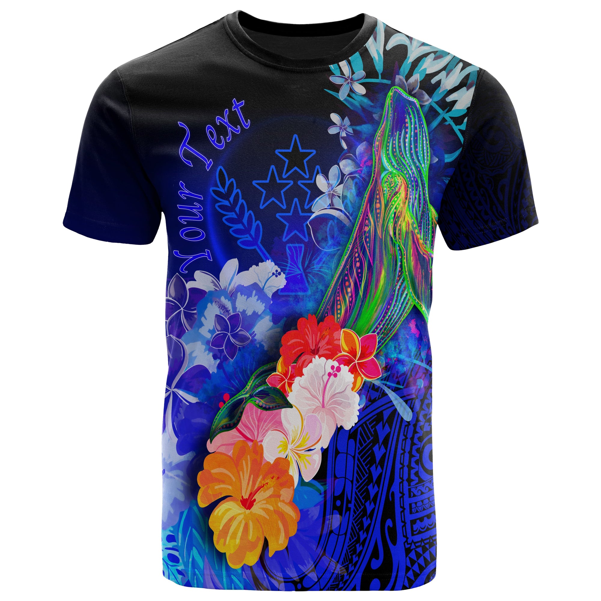 Custom Kosrae T Shirt Humpback Whale with Tropical Flowers (Blue) Unisex Blue - Polynesian Pride