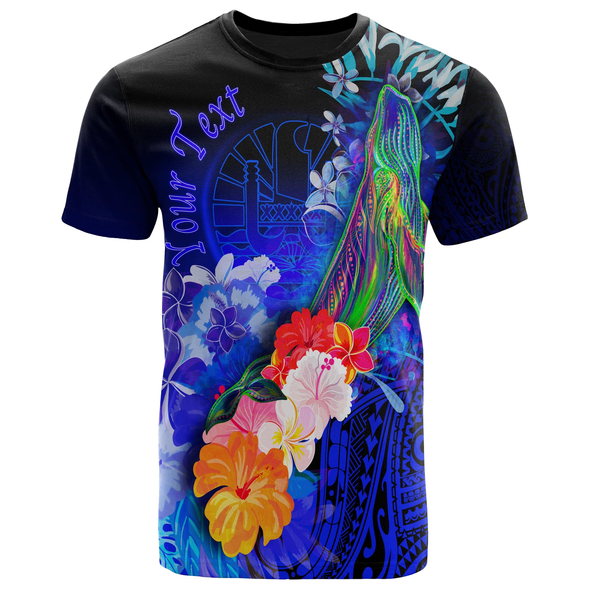 Tahiti Custom T Shirt Humpback Whale with Tropical Flowers (Blue) Unisex Blue - Polynesian Pride