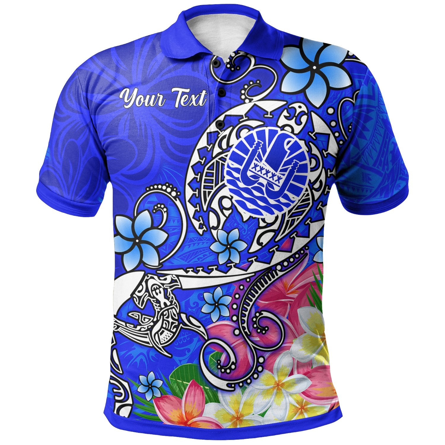 Tahiti Custom Polo Shirt Turtle Plumeria (Blue) Unisex Blue - Polynesian Pride