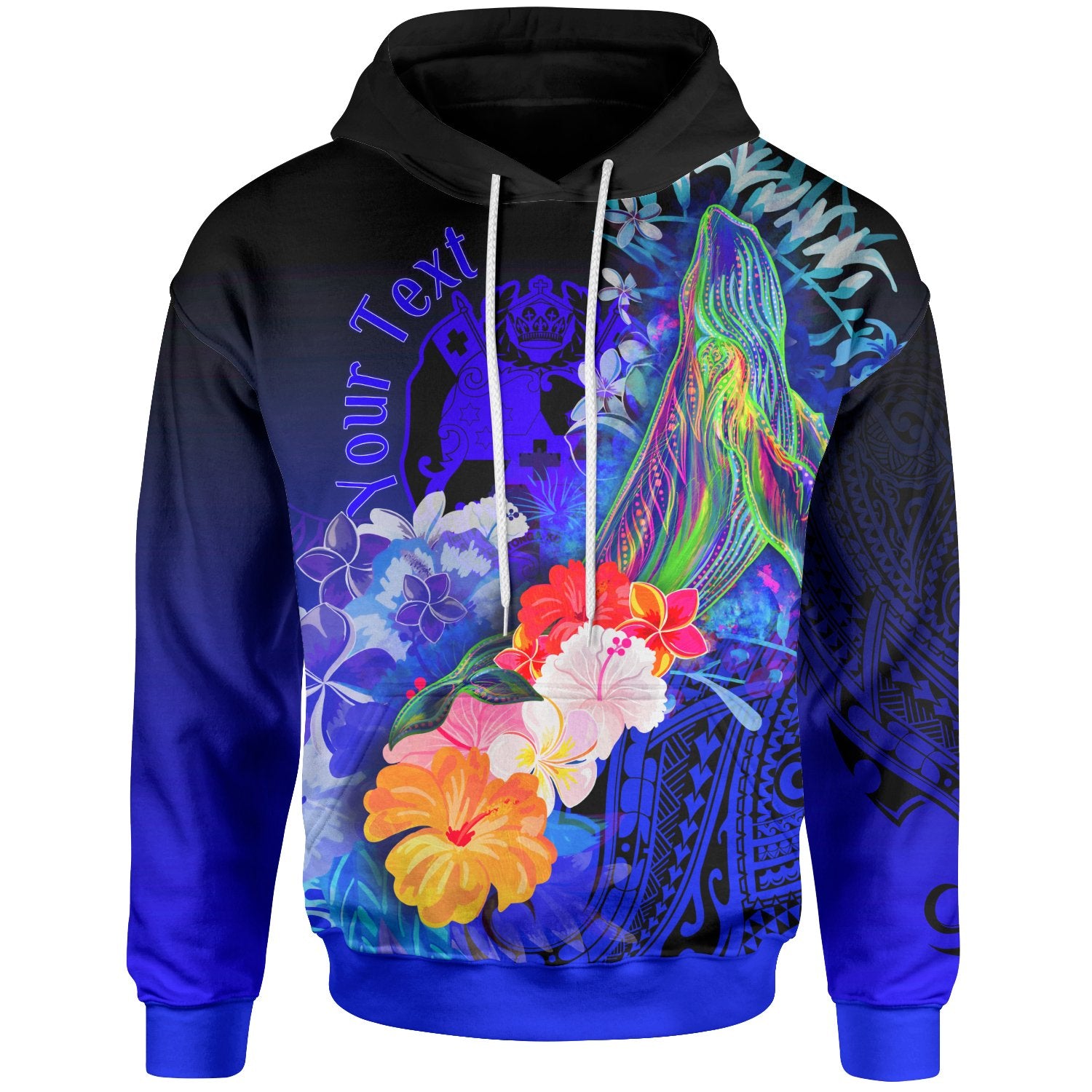 Tonga Custom Hoodie Humpback Whale with Tropical Flowers (Blue) Unisex Blue - Polynesian Pride