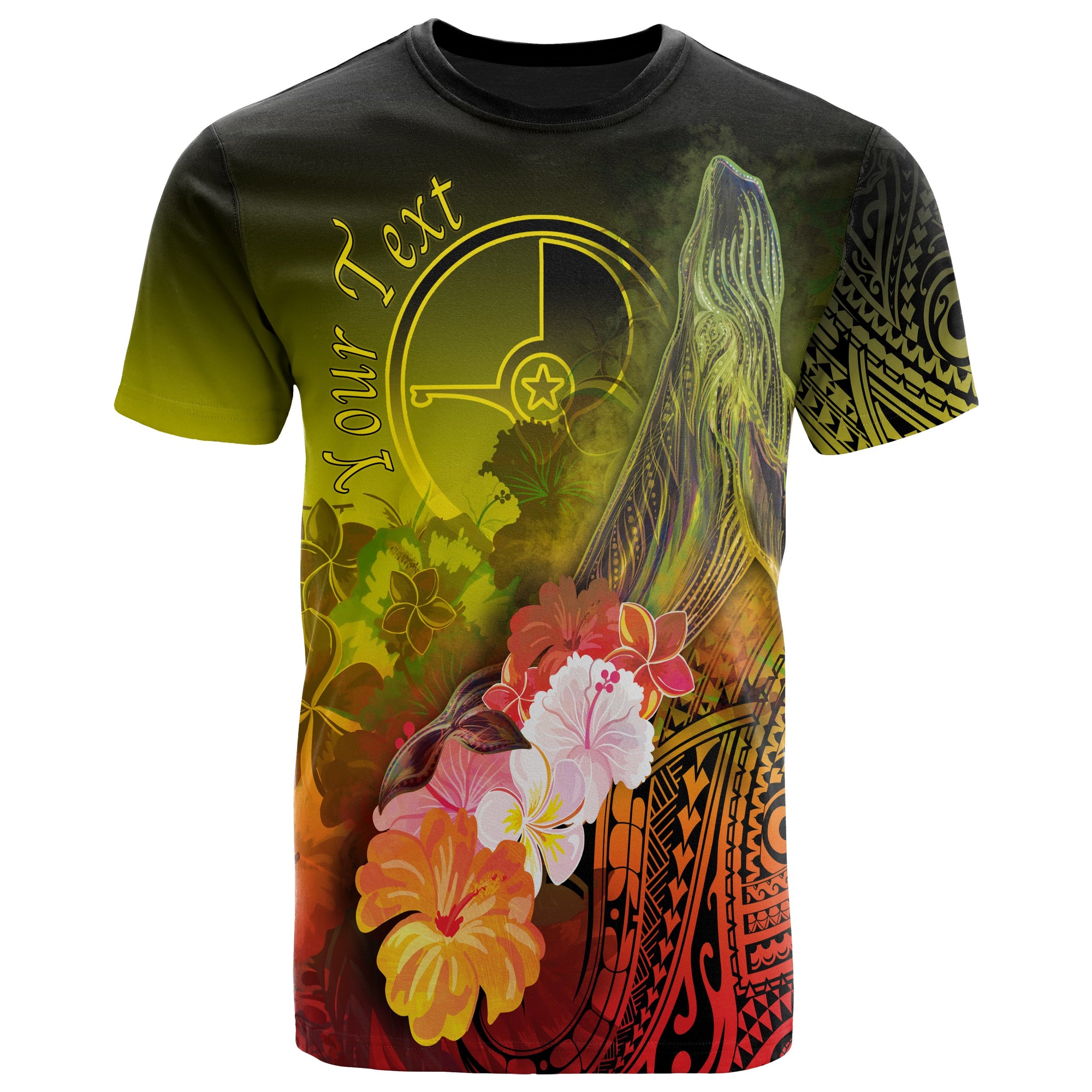 Custom Yap T Shirt Humpback Whale with Tropical Flowers (Yellow) Unisex Yellow - Polynesian Pride