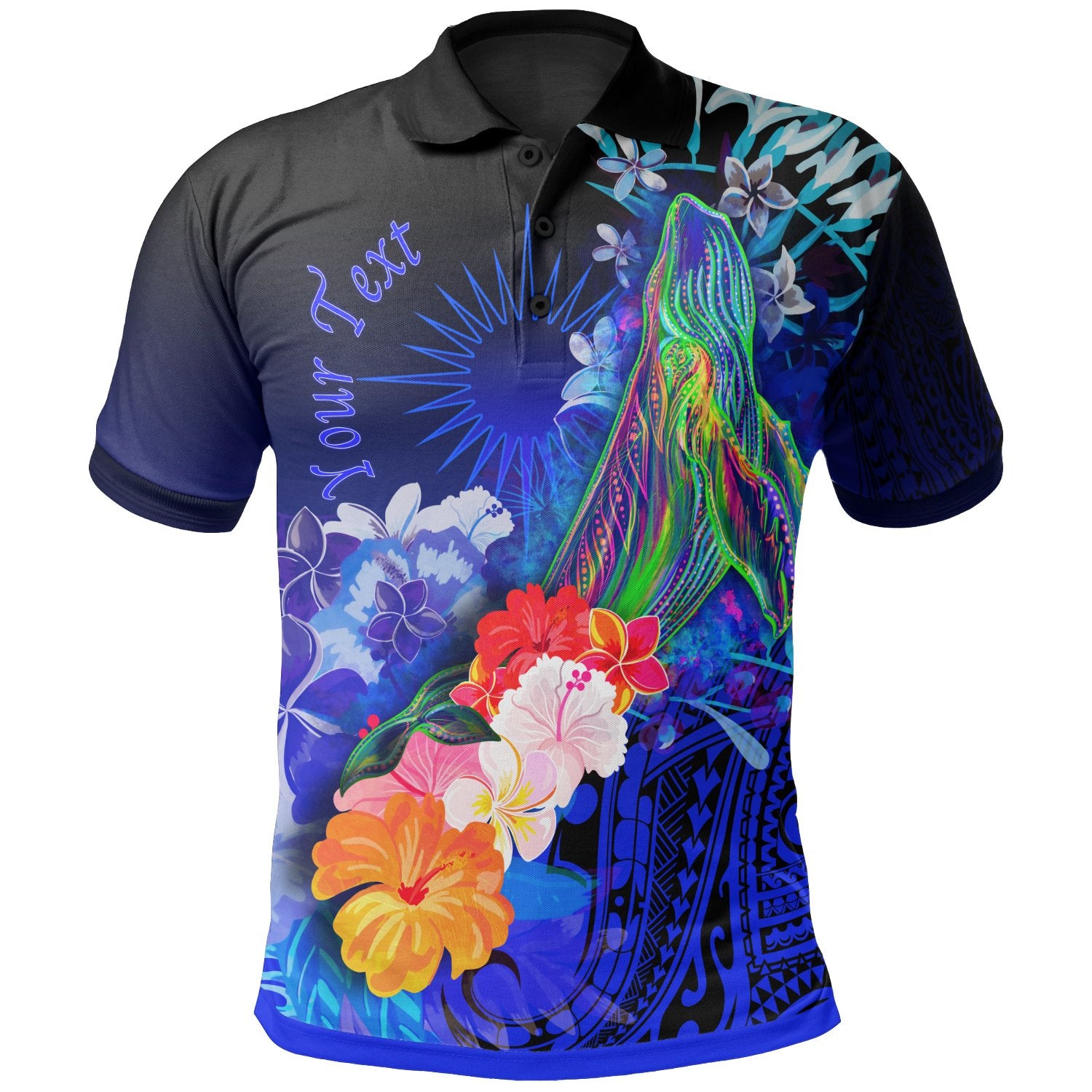 Marshall Islands Custom Polo Shirt Humpback Whale with Tropical Flowers (Blue) Unisex Blue - Polynesian Pride