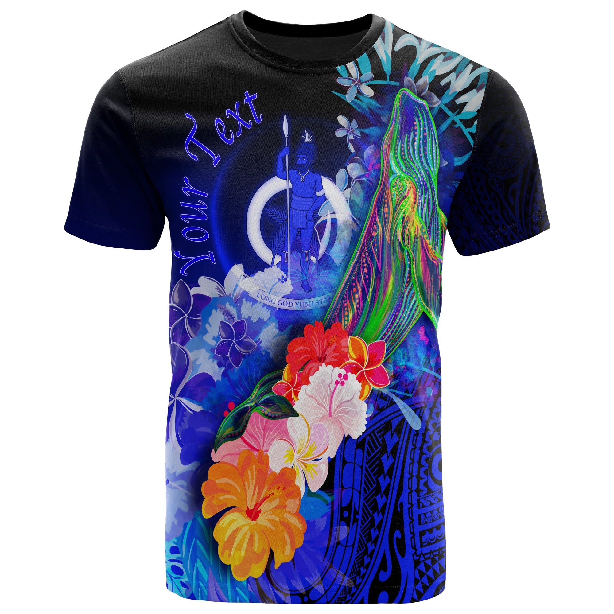 Vanuatu Custom T Shirt Humpback Whale with Tropical Flowers (Blue) Unisex Blue - Polynesian Pride