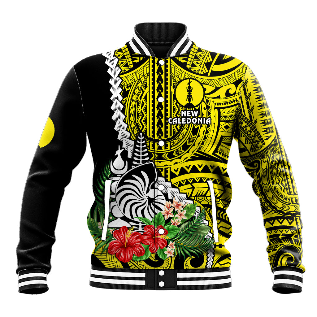 (Custom Personalised) New Caledonia Polynesian Coat Of Arms Mix Tropical Flowers Baseball Jacket LT14 Unisex Yellow - Polynesian Pride