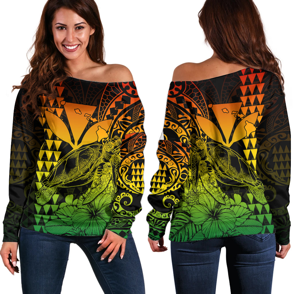 Kakau Polynesian Tribal Hawaiian Turtle with Kanaka Maoli Reggae Off Shoulder Sweater LT9 Women Reggae - Polynesian Pride