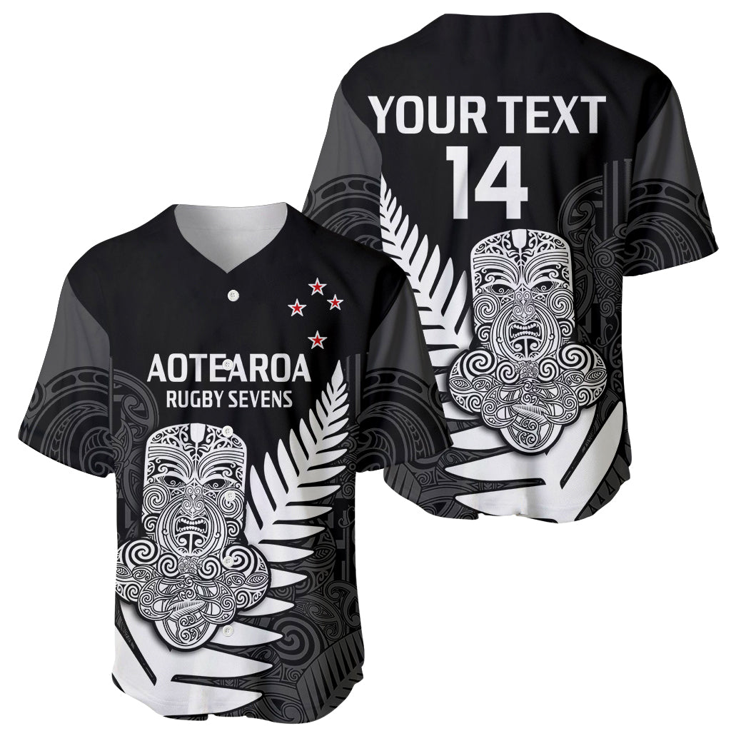 (Custom Text And Number) Aotearoa Rugby Sevens All Black Tiki Fern Baseball Jersey LT14 Black - Polynesian Pride