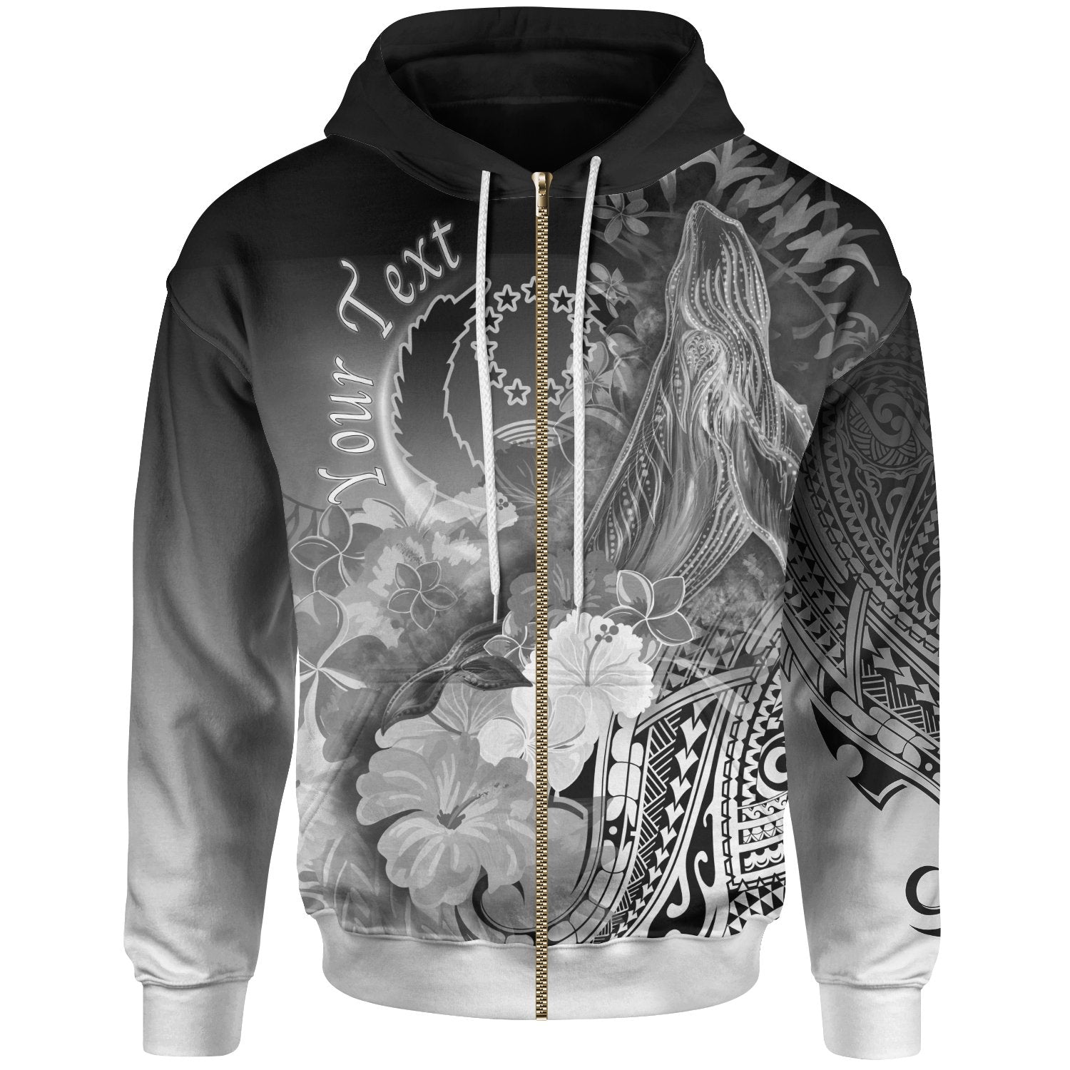 Custom Pohnpei Zip up Hoodie Humpback Whale with Tropical Flowers (White) Unisex White - Polynesian Pride